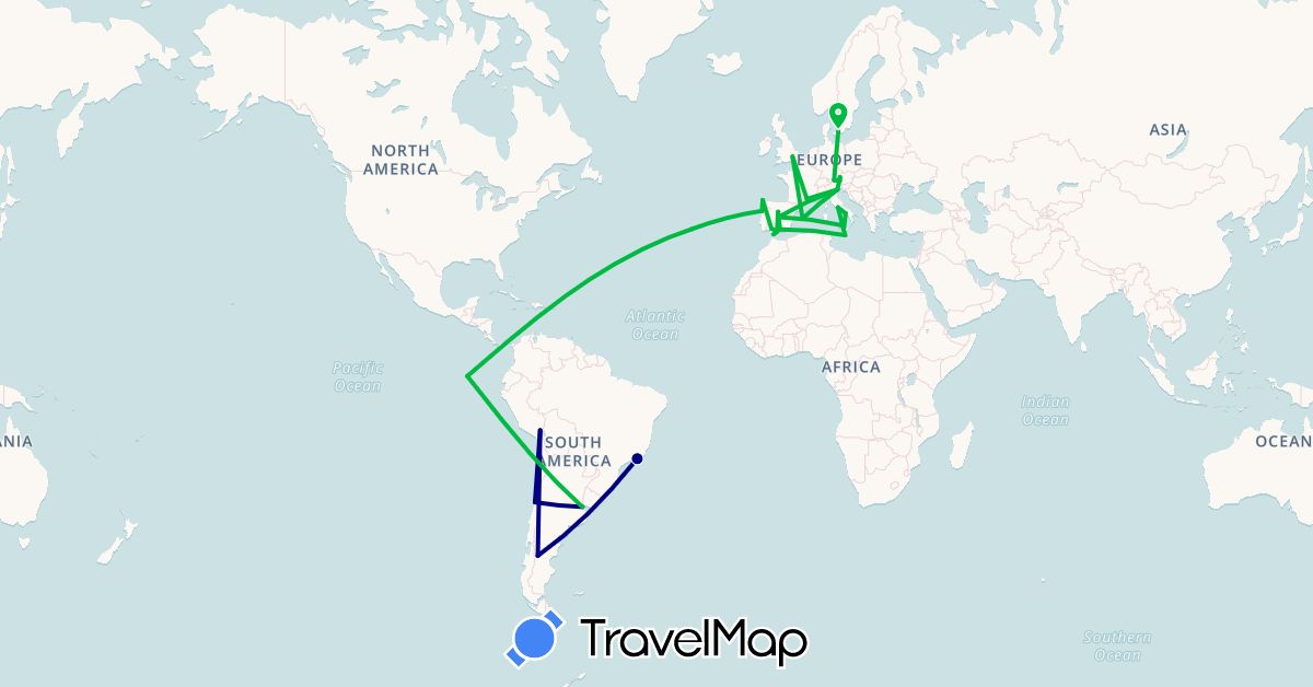 TravelMap itinerary: driving, bus in Argentina, Austria, Brazil, Chile, Denmark, Ecuador, Spain, France, United Kingdom, Gibraltar, Italy, Malta, Peru, Portugal (Europe, South America)